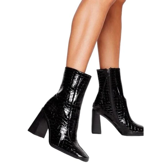 Nasty Gal Faux Black Patent Leather Croc  Ankle Boots - Picture 1 of 13